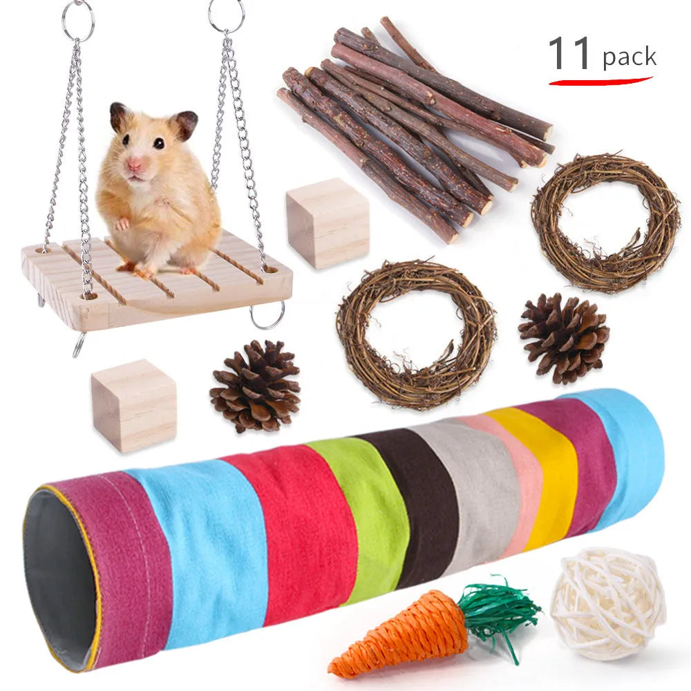 Wooden pet toy set with straw mats and woven balls for rabbits and guinea pigs