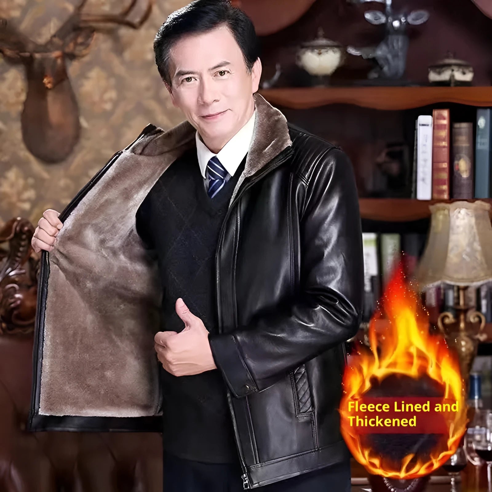 Men's fur-lined artificial leather jacket slim fit winter coat side pockets brown