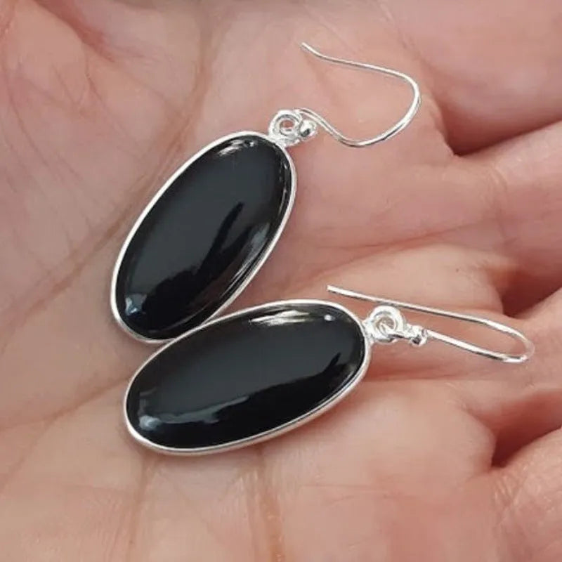 Black oval agate geometric pendant earrings with 925 silver electroplated alloy for women