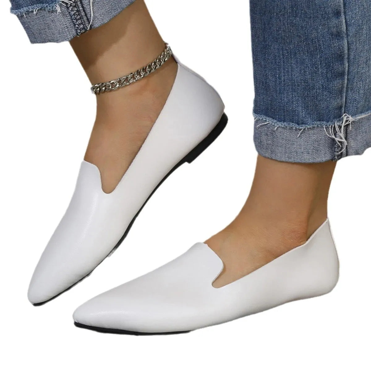 Women's low-heel flat bottom pumps in solid colour, pointed toe, available in white and black sizes 36-45