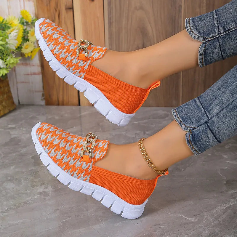 Women's casual houndstooth print chain mesh flat shoes with rubber sole and platform heel