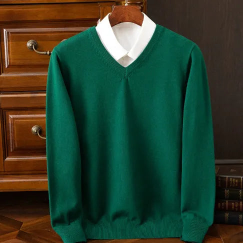 Men's V-neck knitted pullover sweater in grey, made from viscose blend fabric, with ribbed hem