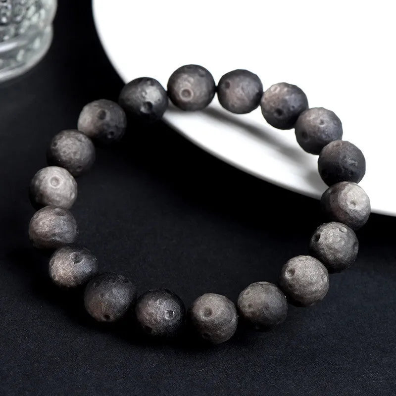 Natural obsidian crater ball bracelet unisex silver stone meteorite finish beaded