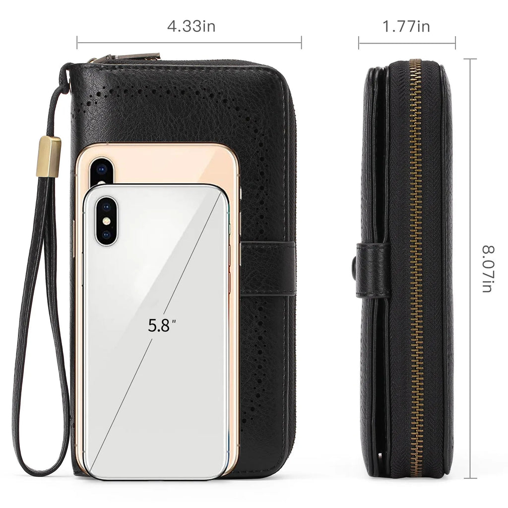 Expanding card holder women's long wallet in light brown PU leather with sewing line detail and anti-theft swiping feature.