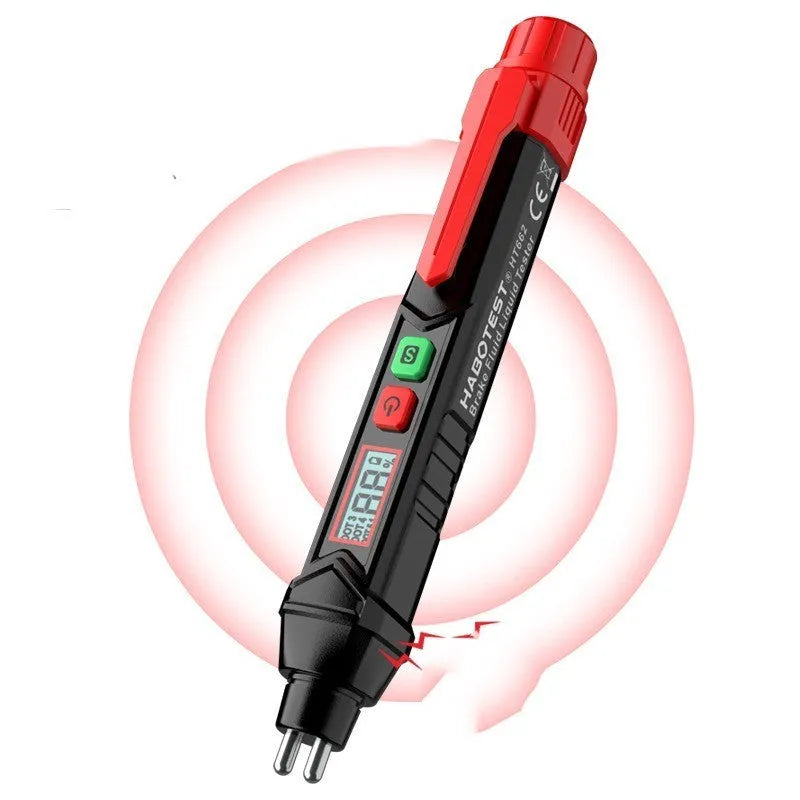 Digital display brake fluid tester pen in colour box packaging with batteries and manual.