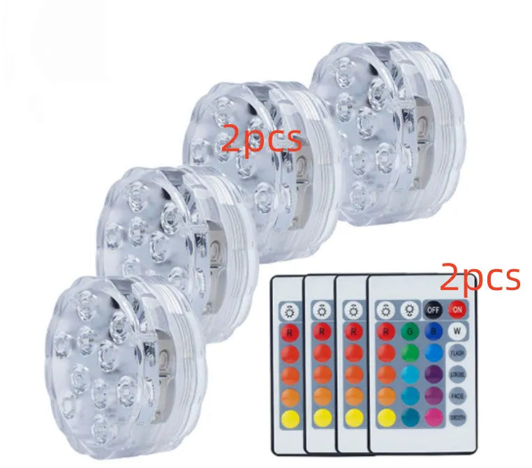 13 LED IP68 submersible underwater light with suction cup and RF remote, showing 16 colours in a swimming pool