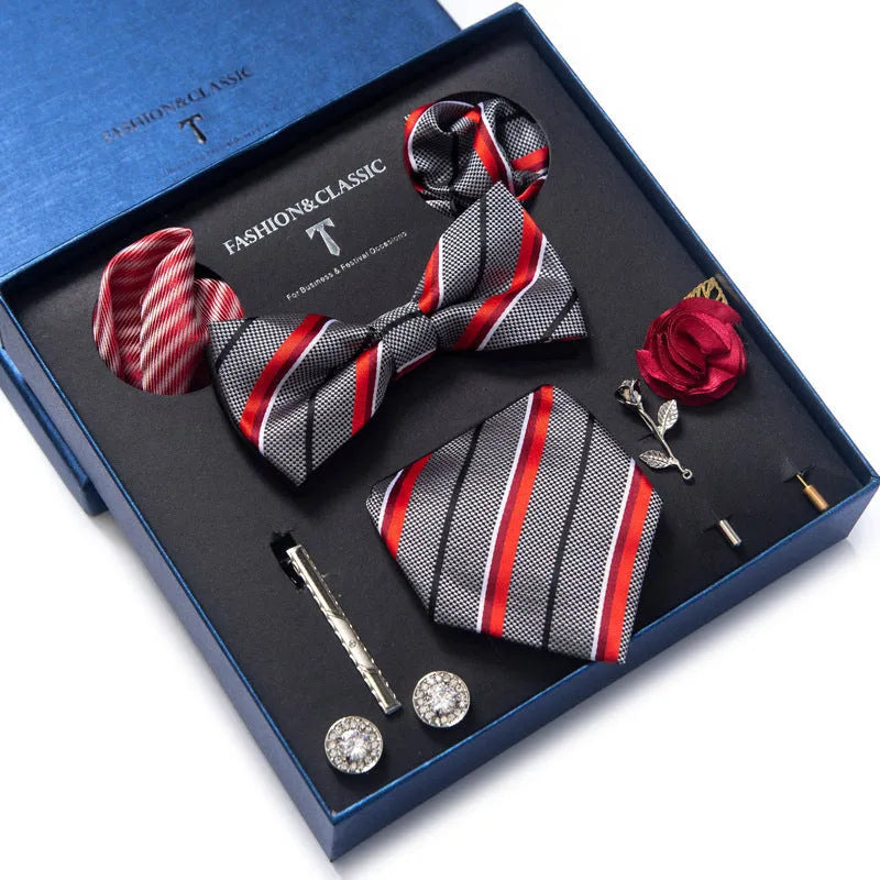 Men's 8-piece rayon jacquard bow tie set, heart shape arrow style, monochrome pattern, 146cm length