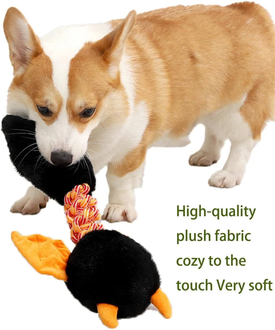 Large black, green, or red plush dog toy with cartoon design, squeaker, and rope knot.