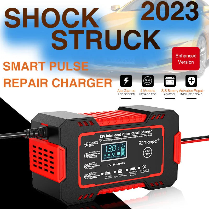 Red US standard car battery charger for lead acid batteries with reverse connection protection and LED display, 213x110x64mm