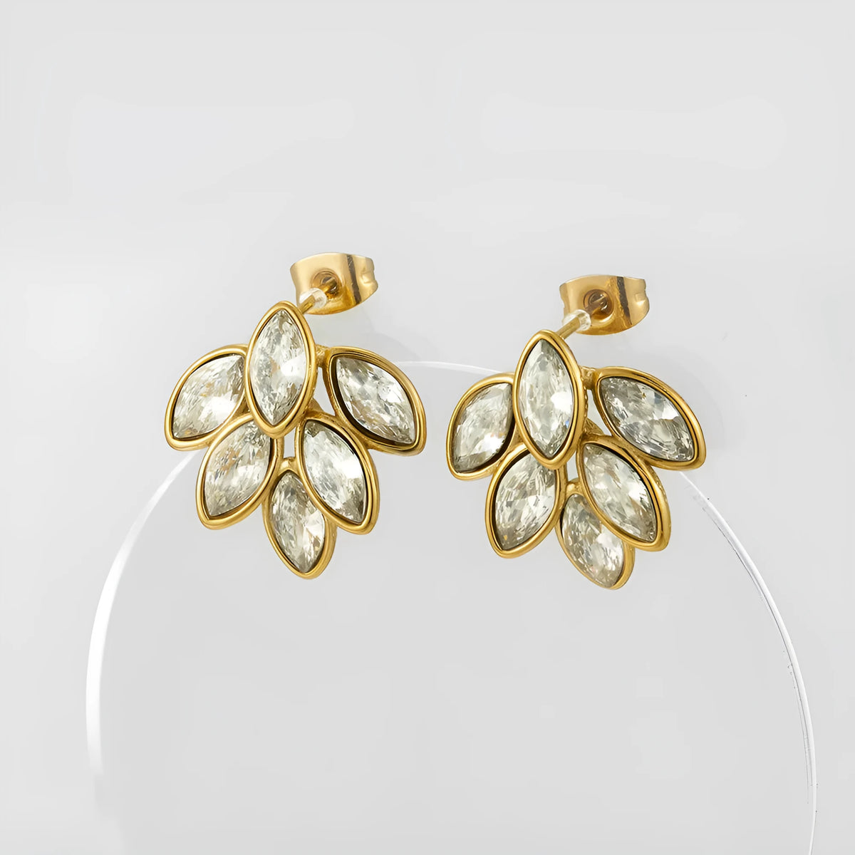 Gold clip-on earrings with full diamond dripping oil 6-leaf design in titanium steel electroplate