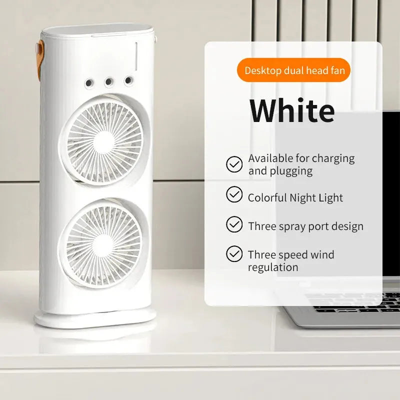 White portable USB humidifier fan with remote control on a desk