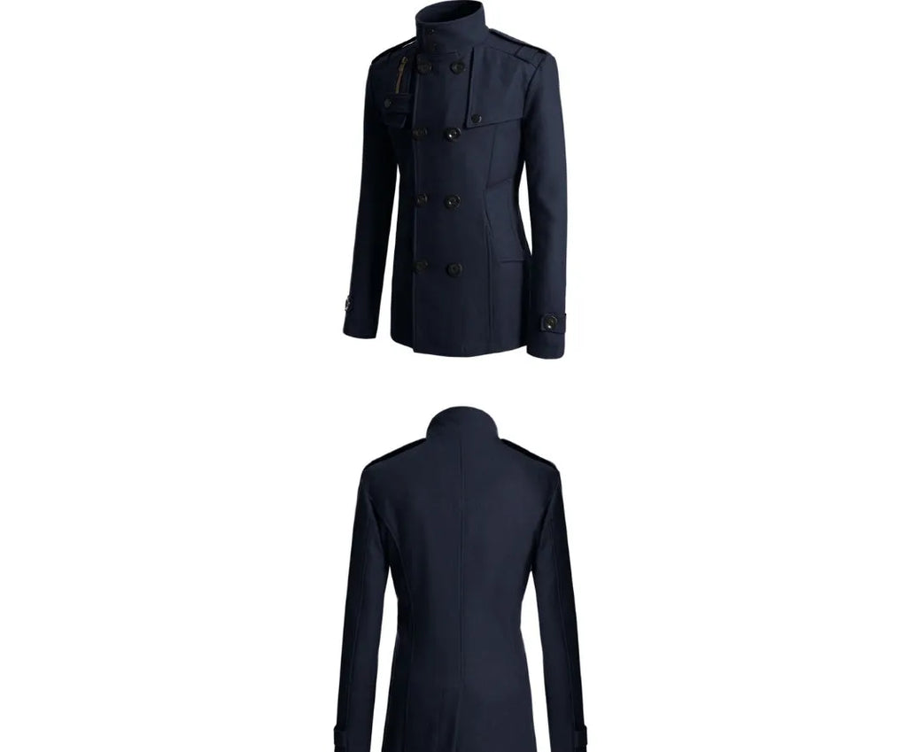 Men's cotton blend woolen trench coat in khaki, long length, front view
