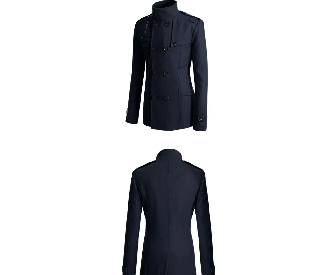 Men's cotton blend woolen trench coat in khaki, long length, front view