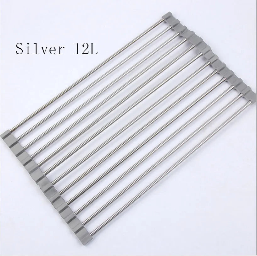 Stainless steel folding kitchen sink drain rack shown in a choice of colours