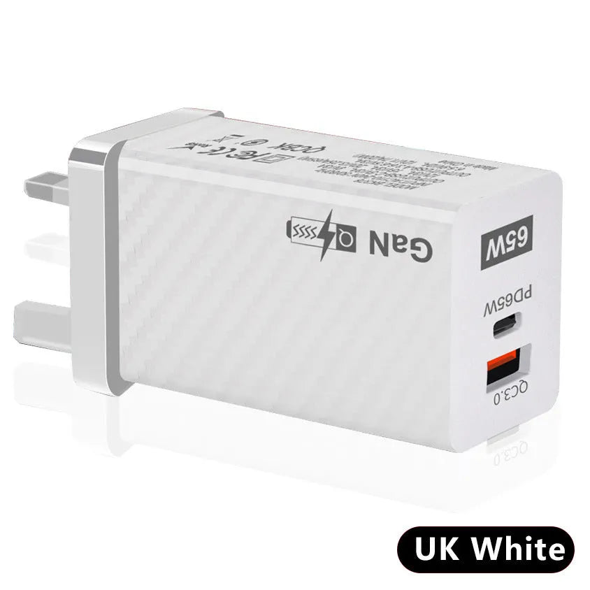 White 65W GaN fast charger with a foldable EU plug next to UK and US plug adaptors.