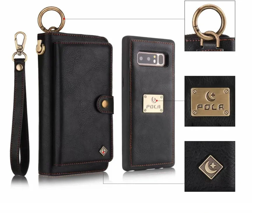 Black imitation leather multi-function wallet phone case for Samsung Galaxy Note8 with zipper closure.