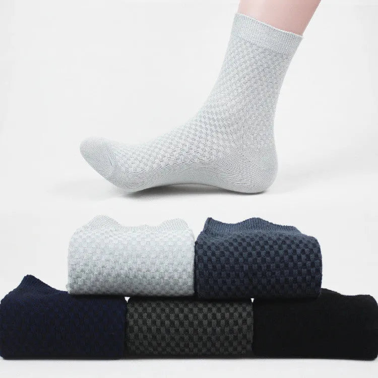 Men's bamboo fibre socks in a small square pattern, shown in navy blue colour.