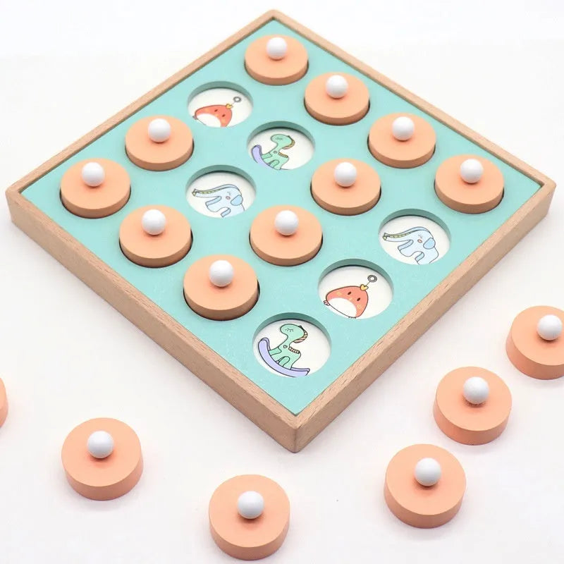 Children's wooden pattern memory chess set with 20.5cm board and multicolour wooden pieces