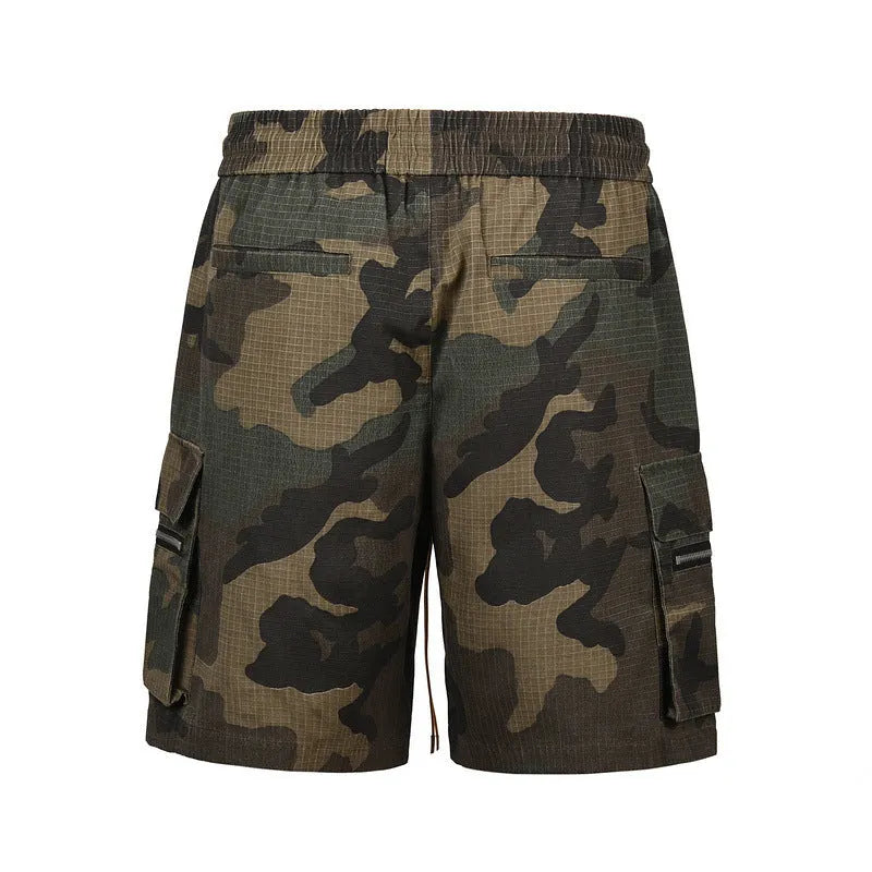 Green H215 washed camouflage cotton work shorts with multiple pockets in mid-waist loose fit