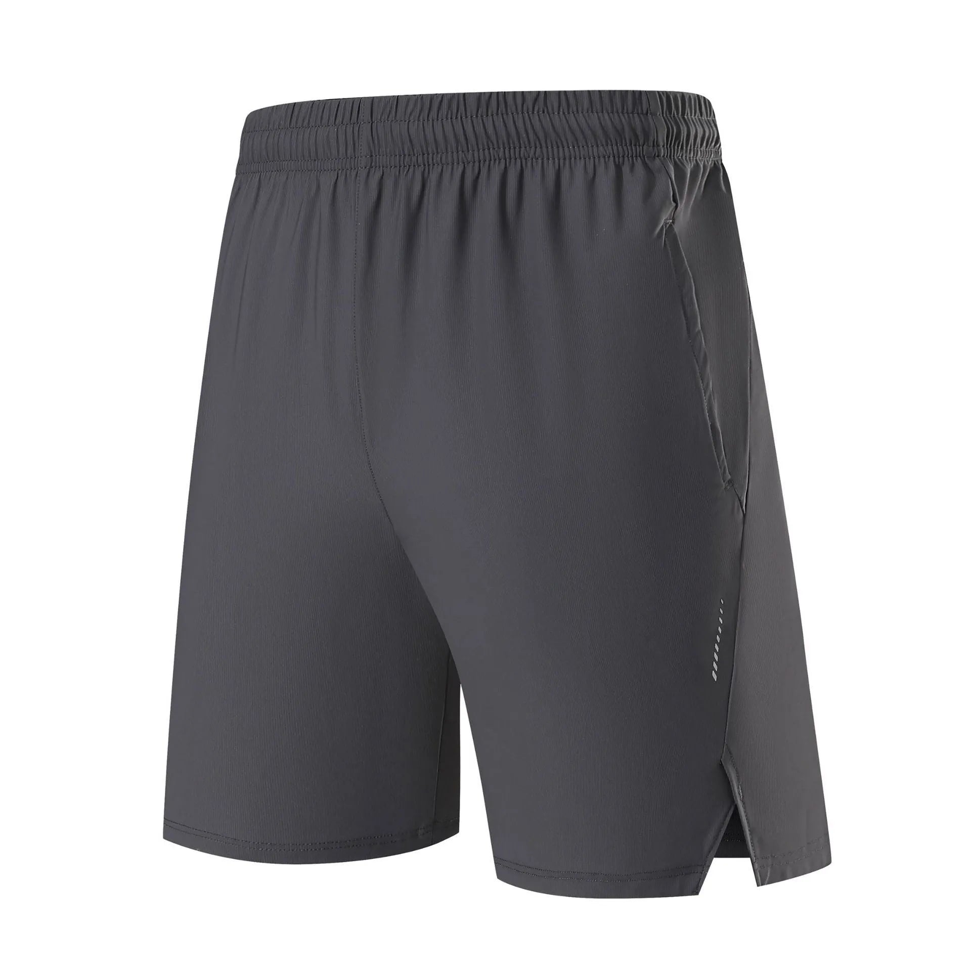 Man wearing grey ice silk nylon sports shorts with a mid-rise waistband.