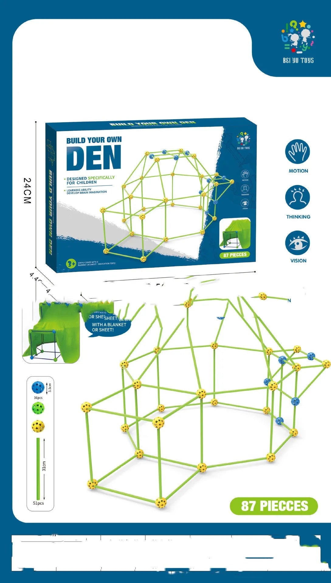 Luminous plastic fort building kit for kids with glowing sticks, balls, and fabric tent