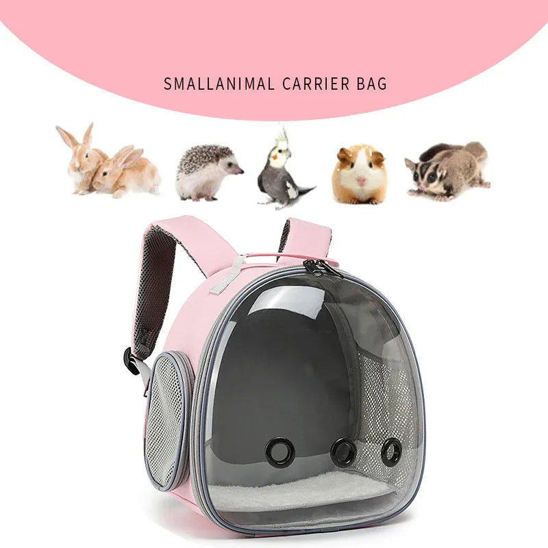 Pet backpack hamster carrier with clear bubble window in black showing side mesh vent