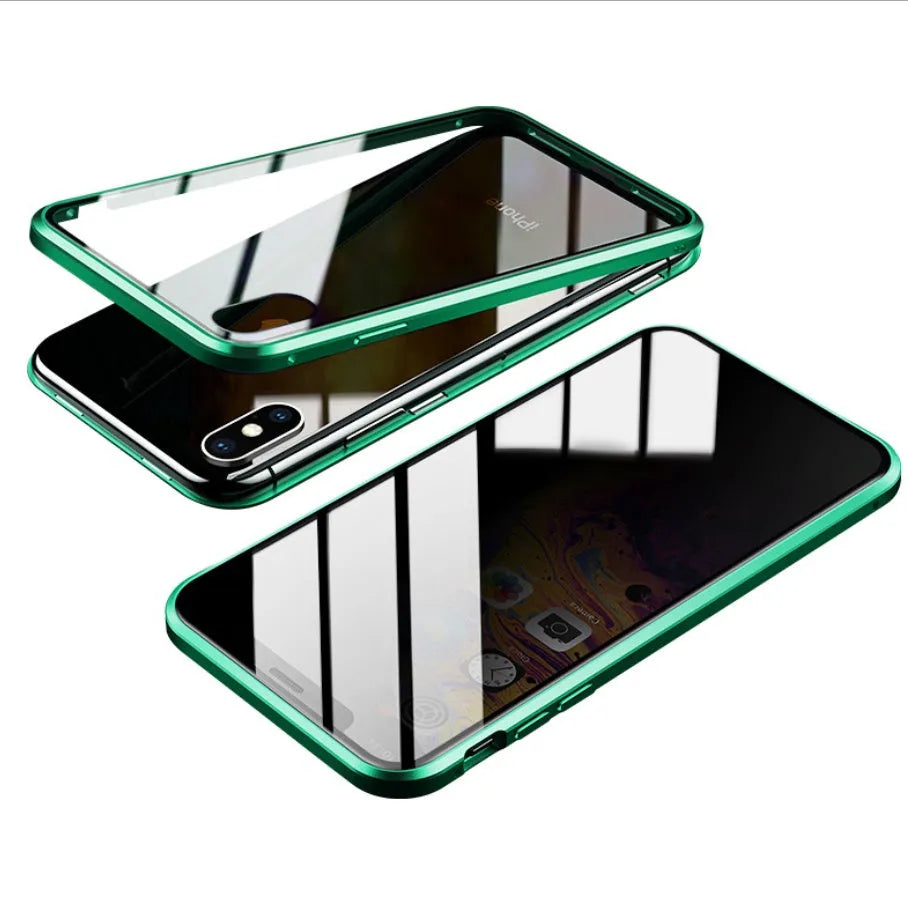 Glass anti-spy clamshell phone case for iPhone in six colour options: black, silver, red, gold, green, blue.