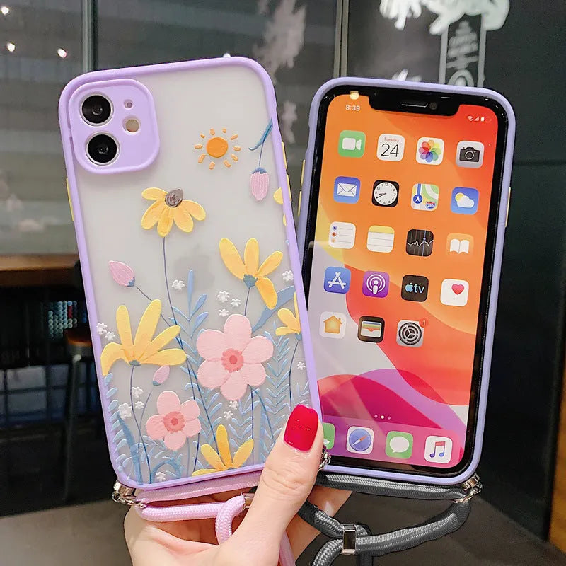 Lavender floral lanyard phone case with acrylic back for iPhone XS Max