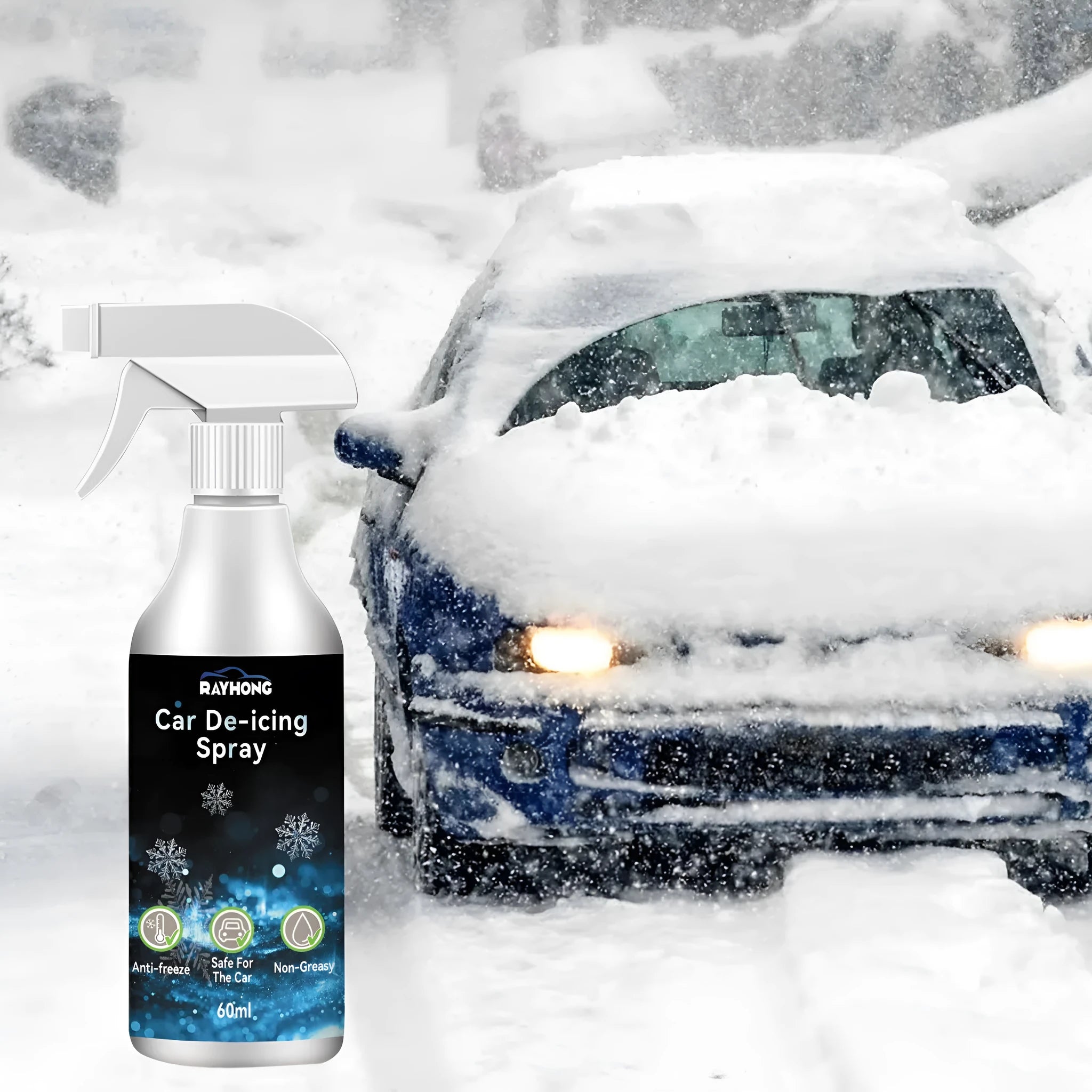60ml car window de-icing spray bottle with snowflake icon, dimensions 13.8cm by 9.3cm.