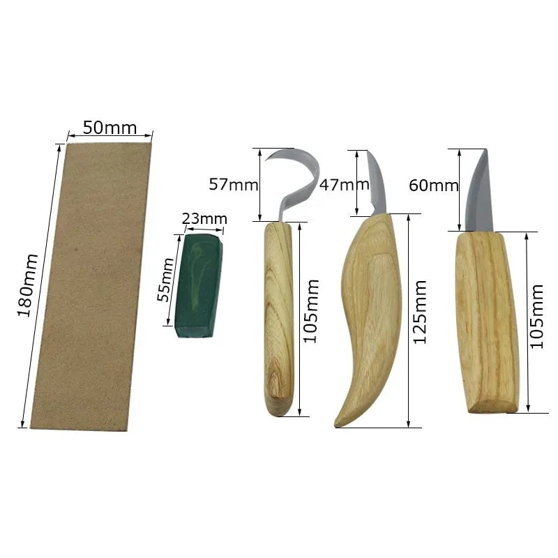 Stainless steel wood carving knife with 162mm total length and 47mm shank diameter for art wood carving
