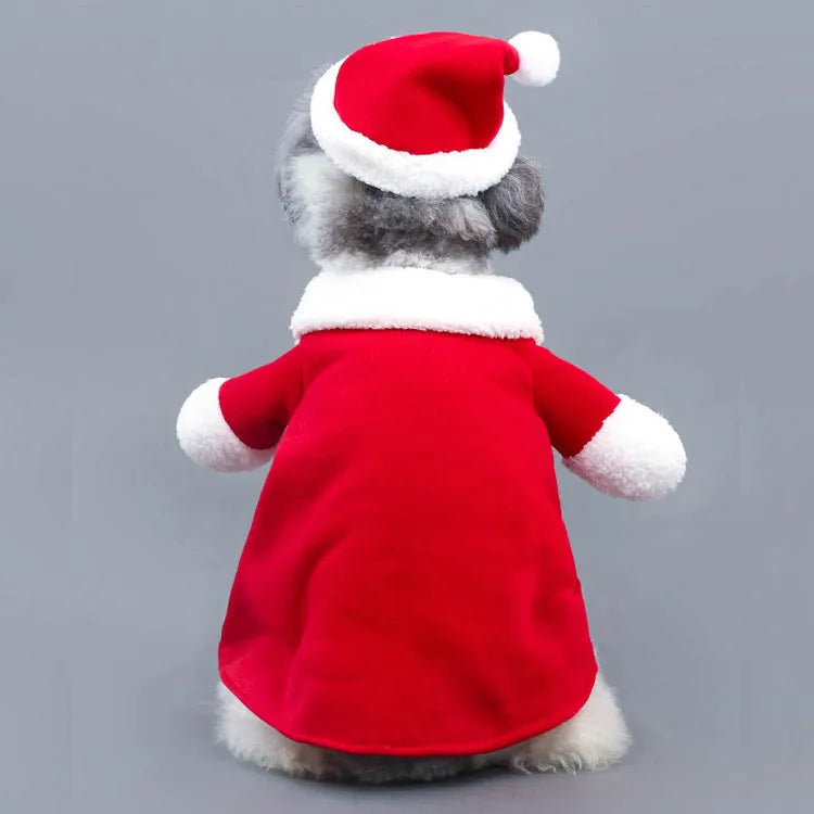 Red polar fleece pet Santa costume for dogs and cats in standing design with England-style pattern