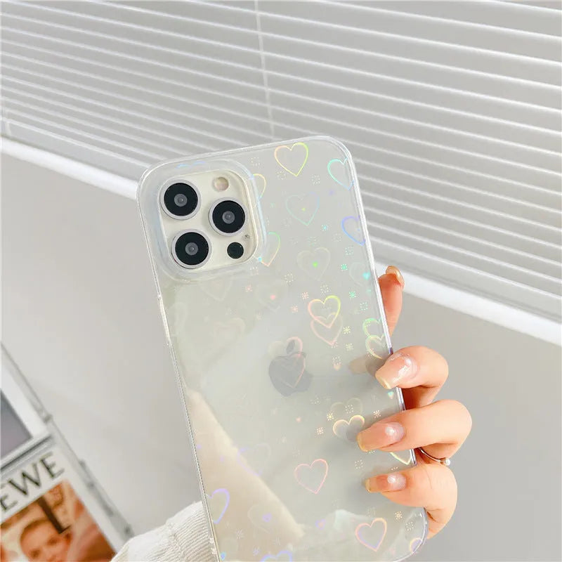 Transparent silicone iPhone case with laser love design for models 7 to 14 Pro Max
