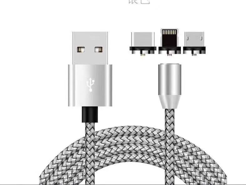 Magnetic three-in-one charging cable with interchangeable Android, Type C and Apple tips
