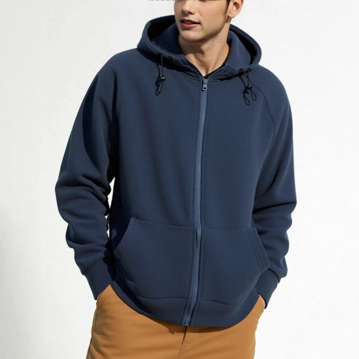 Solid colour full zipper hooded jacket for men in brown, polyester fibre long sleeve casual sweater