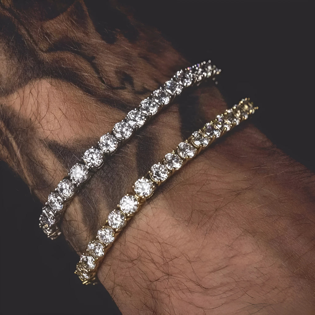 Men's silver hip hop bracelet with single row of rhinestones and geometric chain design