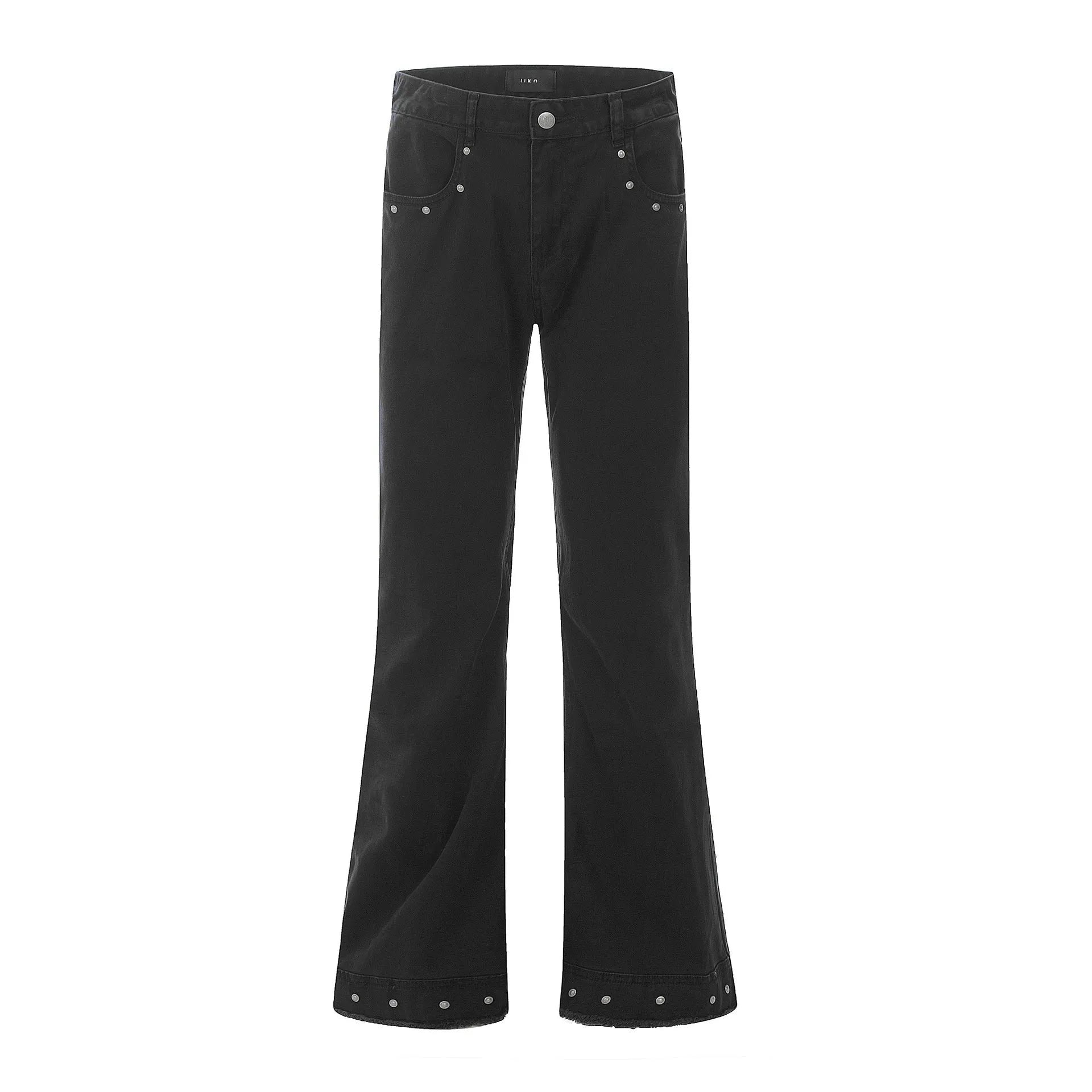 Black American retro straight-leg skinny jeans on a hanger, showing mid-waist and zipper fly detail.