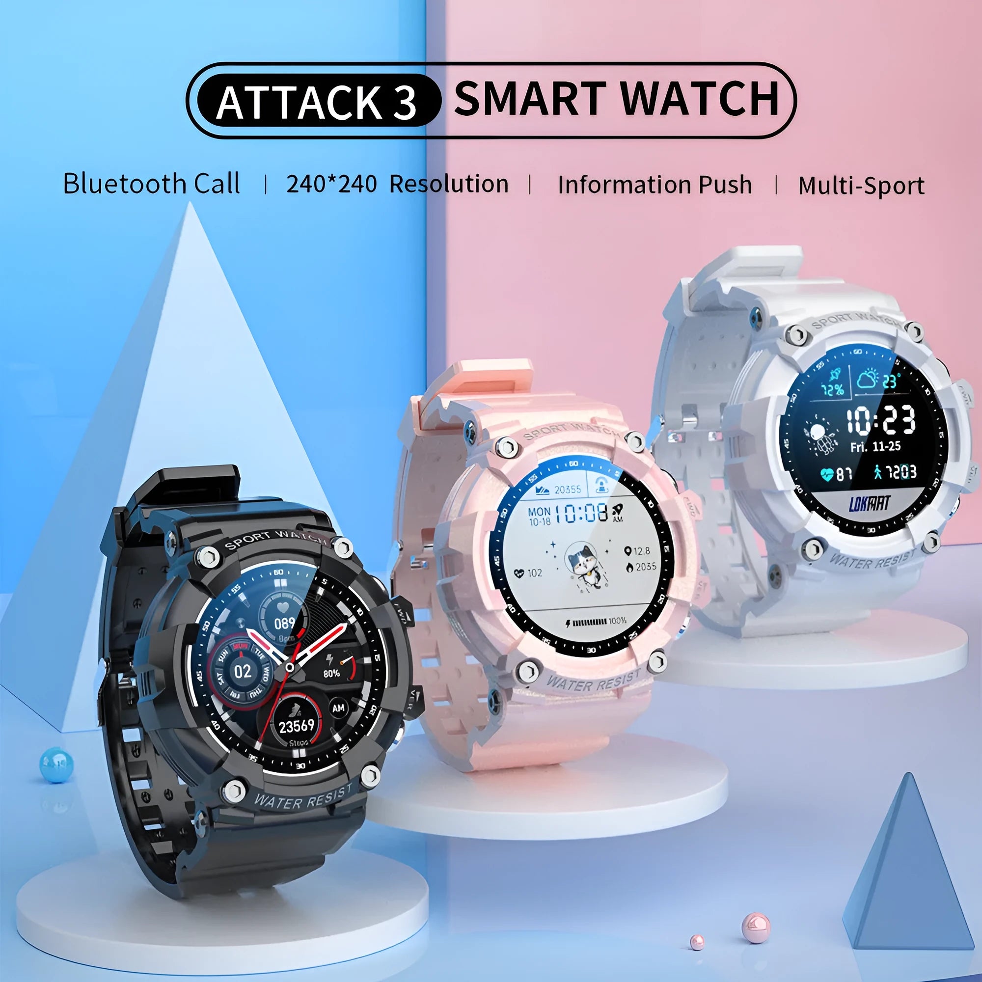 ATTACK 3 IP67 waterproof smart sports watch with round colour screen and TPU strap