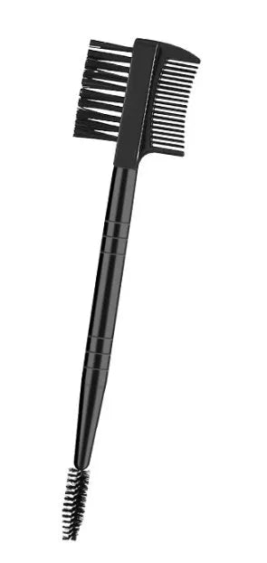 Black eyebrow trimmer set with stainless steel blade and compact 14x10x2cm size on a plain background.