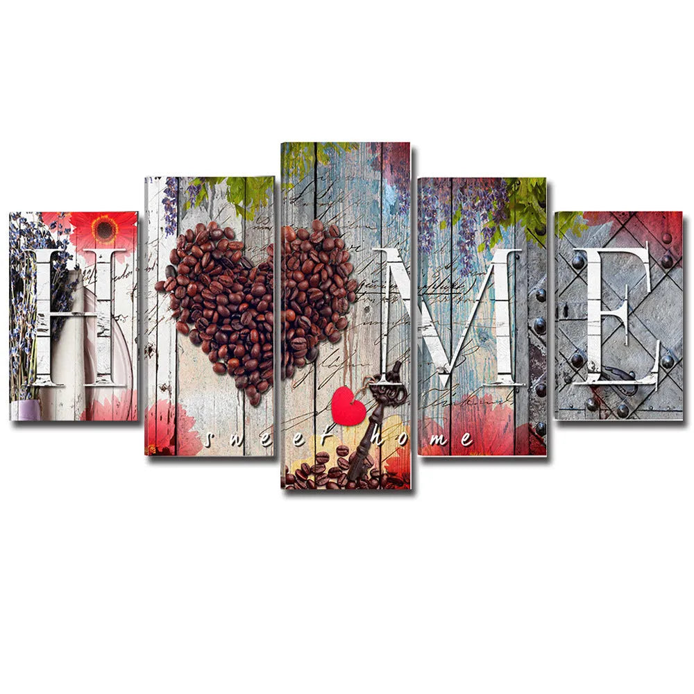 Red oil painting wall decoration board set with five panels in mixed sizes for home interiors