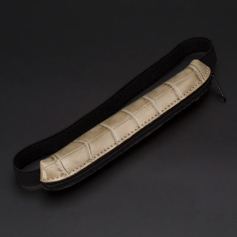 Long slim beige grey PU leather pencil case showing 16.5cm length