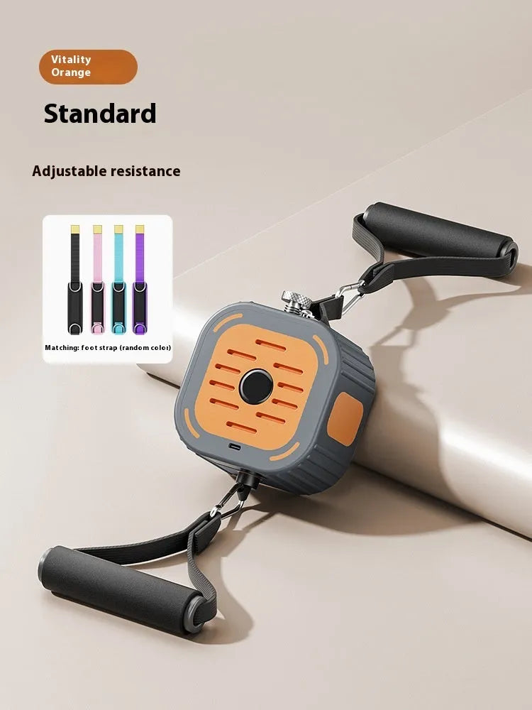 Adjustable power pump chest expander in navy blue and orange, showing compact ABS construction for home strength training.