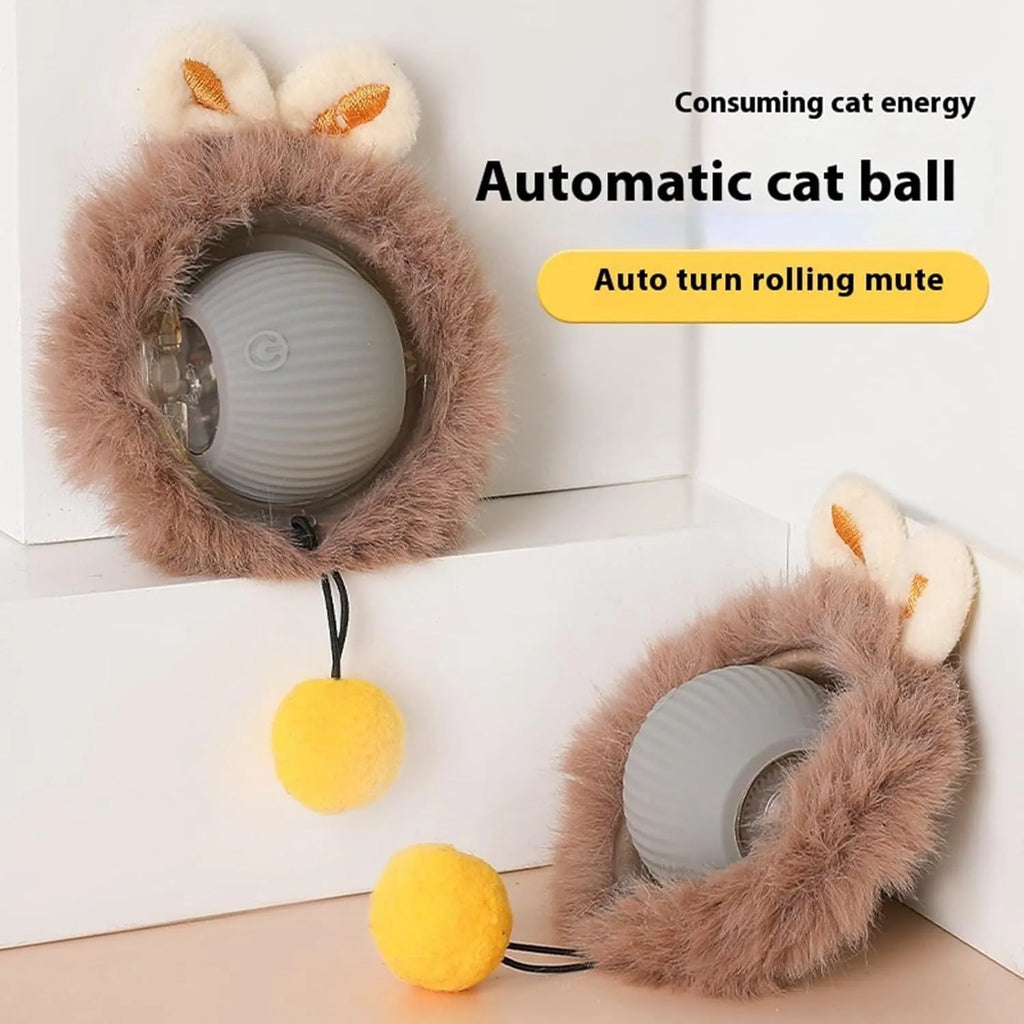 Automatic rotating pet ball with string in grey, green, and red colours for dogs and cats