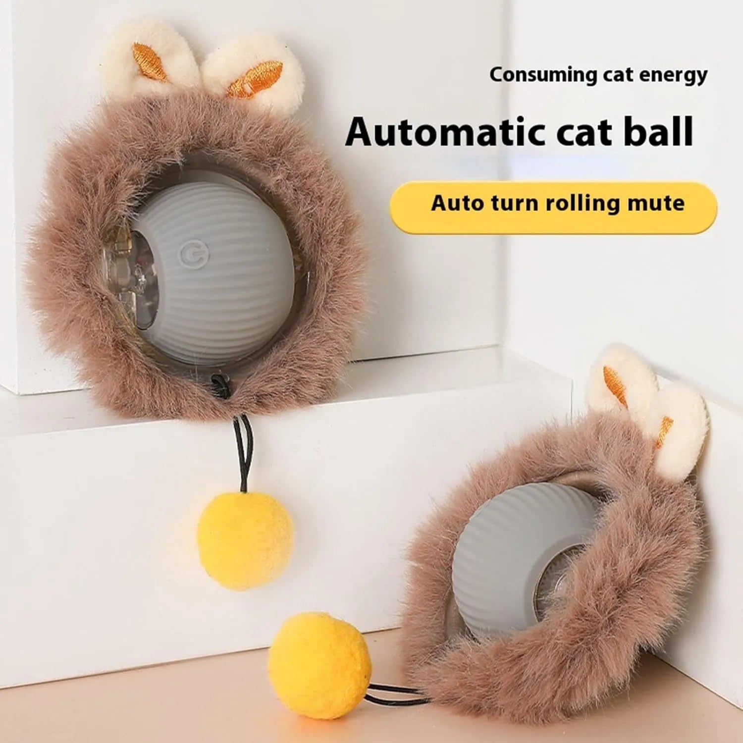 Automatic rotating pet ball with string in grey, green, and red colours for dogs and cats