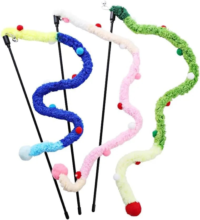 Blue green and pink plush strip cat teaser wand with bell on a 41cm pole