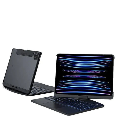Transparent Bluetooth keyboard case for iPad Pro showing iPad visible through clear back.