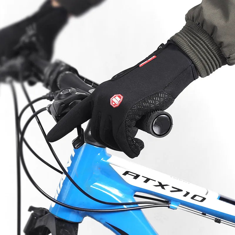 Winter touch screen motorcycle gloves with fleece lining in black and blue colours