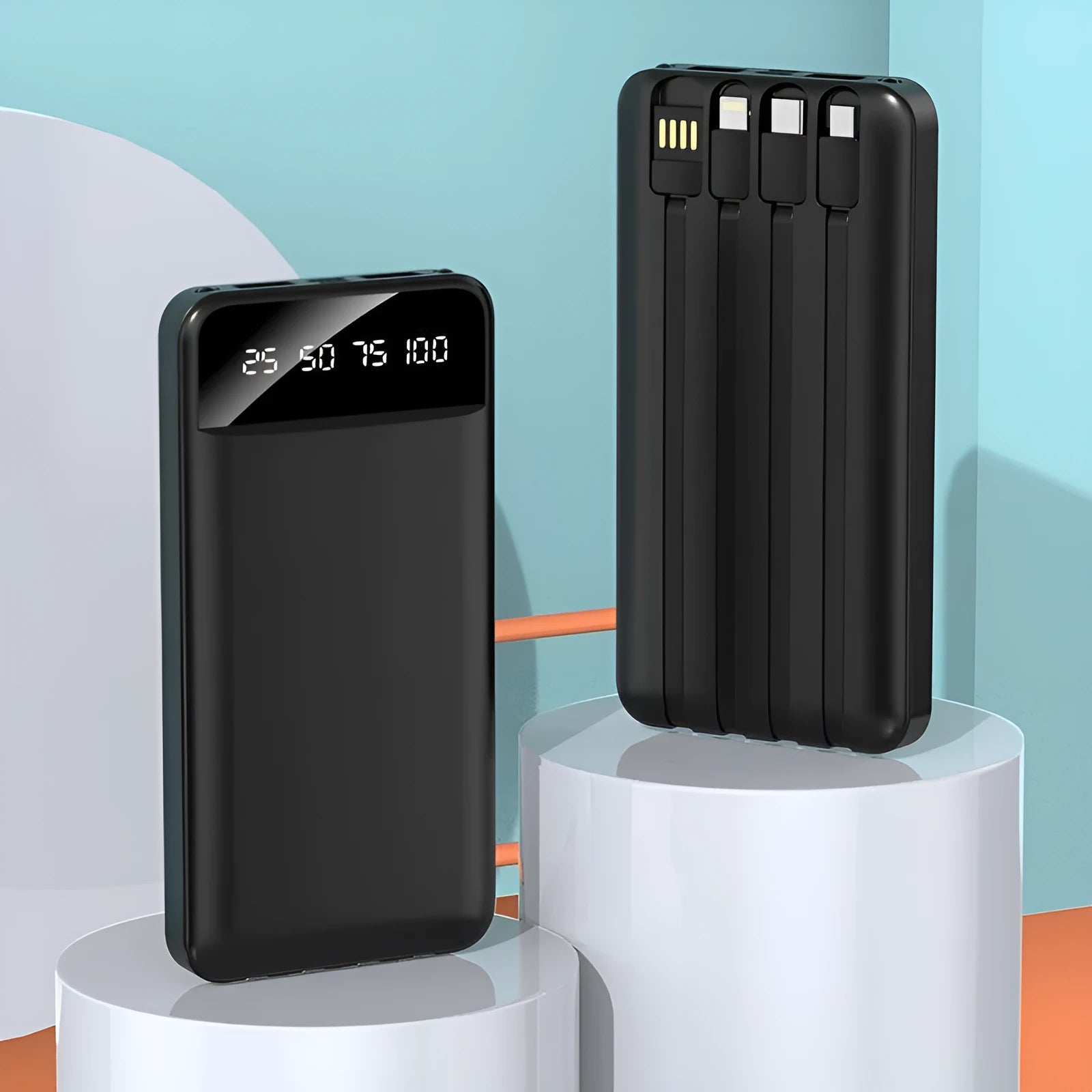 20000 mAh power bank with optional USB cable in black, white or red colours