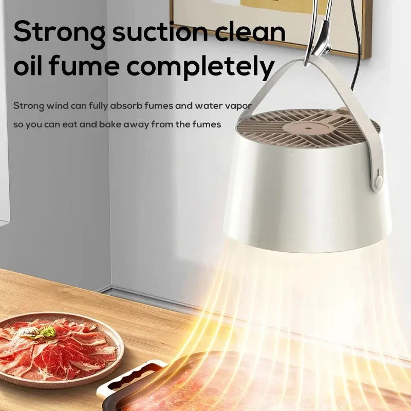 Milky white portable desktop exhaust fan with USB cable and removable filter on tripod stand