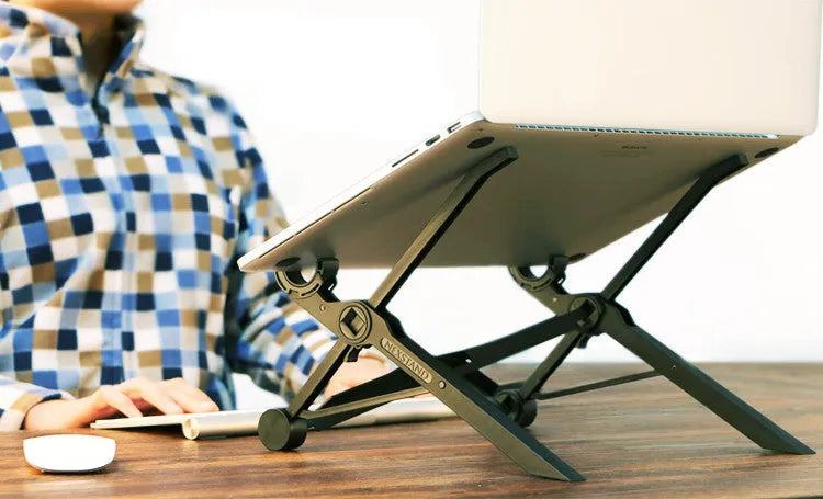 Folding portable laptop stand in black reinforced nylon, front view, compact size for travel