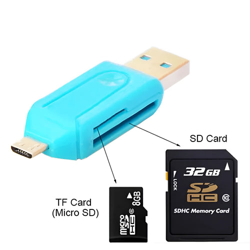 White USB OTG dual-purpose card reader for SD and TF memory cards next to a mobile phone.